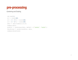 pre-processing
Centering and Scaling
set.seed(1)
x1<-rnorm(100)
x2<-3+3*x1+rnorm(100)
x3<-2+2*x1+rnorm(100)
data<-data.frame(x1,x2,x3)
summary(data)
preProc<-preProcess(data,method=c("center","scale"))
dataProced<-predict(preProc,data)
summary(dataProced)
/
 