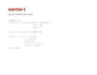 exercise-1
use knn method to train model
library(caret)
fitControl<-trainControl(method="repeatedcv",
number=10,
repeats=3)
tunedf<-data.frame(.k=seq(3,20,by=2))
knnmodel<-train(x=trainData,
y=trainClass,
method='knn',
trControl=fitControl,
tuneGrid=tunedf)
plot(knnmodel)
/
 