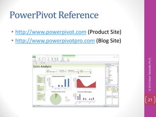 PowerPivot Reference
• http://www.powerpivot.com (Product Site)
• http://www.powerpivotpro.com (Blog Site)




                                             © 2010 Mark Tabladillo Ph.D.
                                             21
 