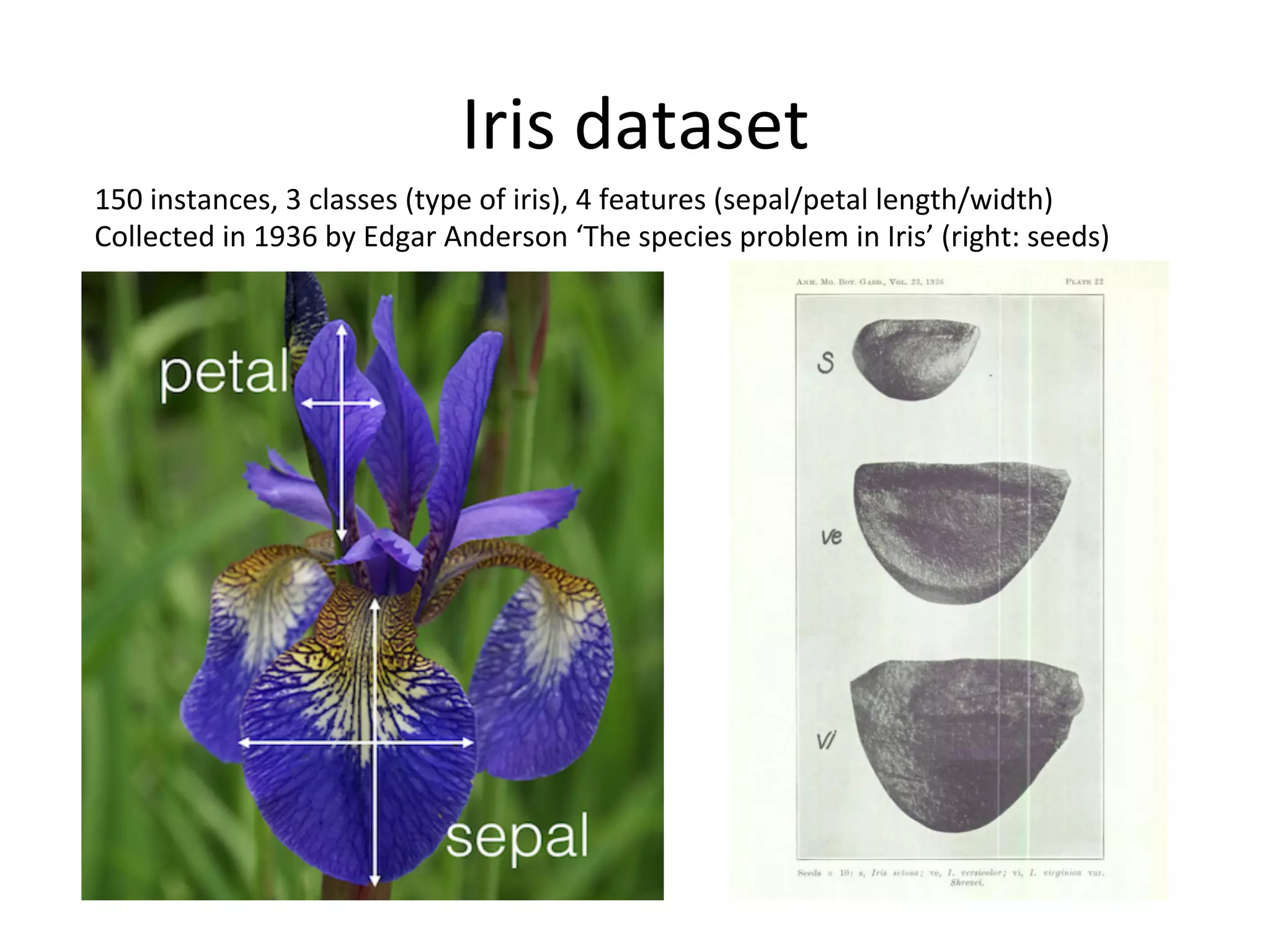 Iris	
  dataset	
  
150	
  instances,	
  3	
  classes	
  (type	
  of	
  iris),	
  4	
  features	
  (sepal/petal	
  length/width)	
  
Collected	
  in	
  1936	
  by	
  Edgar	
  Anderson	
  ‘The	
  species	
  problem	
  in	
  Iris’	
  (right:	
  seeds)	
  
 