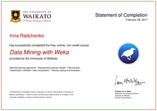 Statement of Completion
February 28, 2017
Irina Radchenko
has successfully completed the free, online, non-credit course
Data Mining with Weka
provided by the University of Waikato.
Machine learning algorithms ◦ Representing learned models ◦ Filtering data
Classification methods ◦ Data visualisation ◦ Training, testing and evaluation
This Statement of Completion does not represent, or confer credit towards, a University of
Waikato qualification. It does not affirm that this person was enrolled as a student of the
University of Waikato, nor does it verify the person’s identity.
Professor Ian H. Witten
Department of Computer Science
University of Waikato
Hamilton, New Zealand
 