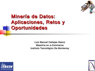 Minería de Datos:
Aplicaciones, Retos y
Oportunidades

           Luis Manuel Callejas Saenz
             Maestria en e-Commerce
       Instituto Tecnológico De Monterrey




                                            1
 