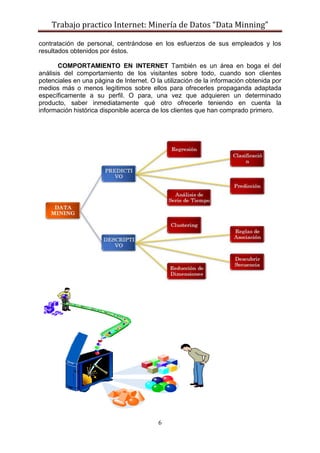 Trabajo practico Internet: Minería de Datos “Data Minning”
6
contratación de personal, centrándose en los esfuerzos de sus empleados y los
resultados obtenidos por éstos.
COMPORTAMIENTO EN INTERNET También es un área en boga el del
análisis del comportamiento de los visitantes sobre todo, cuando son clientes
potenciales en una página de Internet. O la utilización de la información obtenida por
medios más o menos legítimos sobre ellos para ofrecerles propaganda adaptada
específicamente a su perfil. O para, una vez que adquieren un determinado
producto, saber inmediatamente qué otro ofrecerle teniendo en cuenta la
información histórica disponible acerca de los clientes que han comprado primero.
 