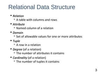 Relational Data Structure
 RelationRelation
 A table with columns and rows
 AttributeAttribute
 Named column of a relation
 DomainDomain
 Set of allowable values for one or more attributes
 TupleTuple
 A row in a relation
 DegreeDegree (of a relation)
 The number of attributes it contains
 CardinalityCardinality (of a relation)
 The number of tuples it contains
3
 