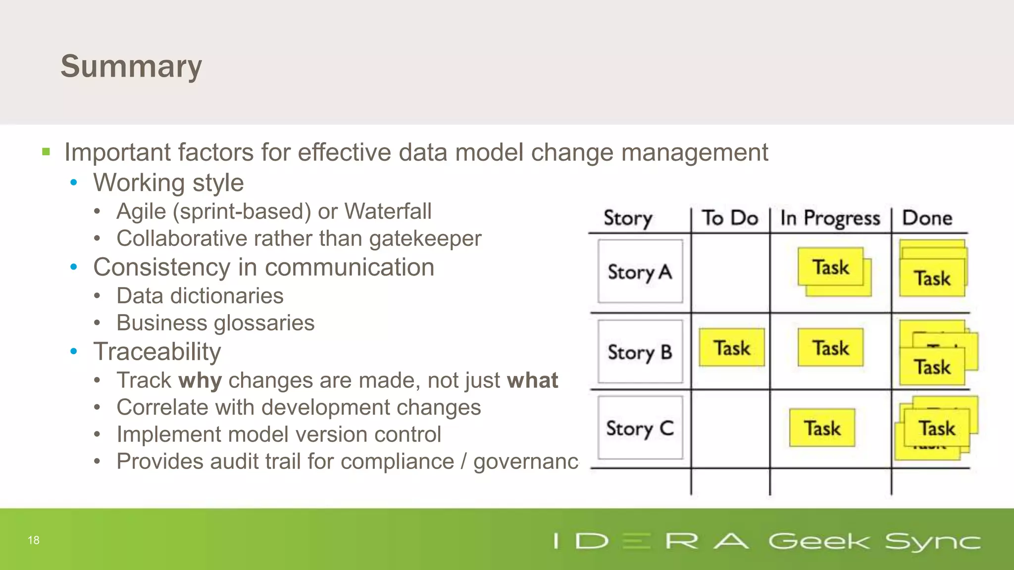 18
Summary
 Important factors for effective data model change management
• Working style
• Agile (sprint-based) or Waterfall
• Collaborative rather than gatekeeper
• Consistency in communication
• Data dictionaries
• Business glossaries
• Traceability
• Track why changes are made, not just what
• Correlate with development changes
• Implement model version control
• Provides audit trail for compliance / governance
 