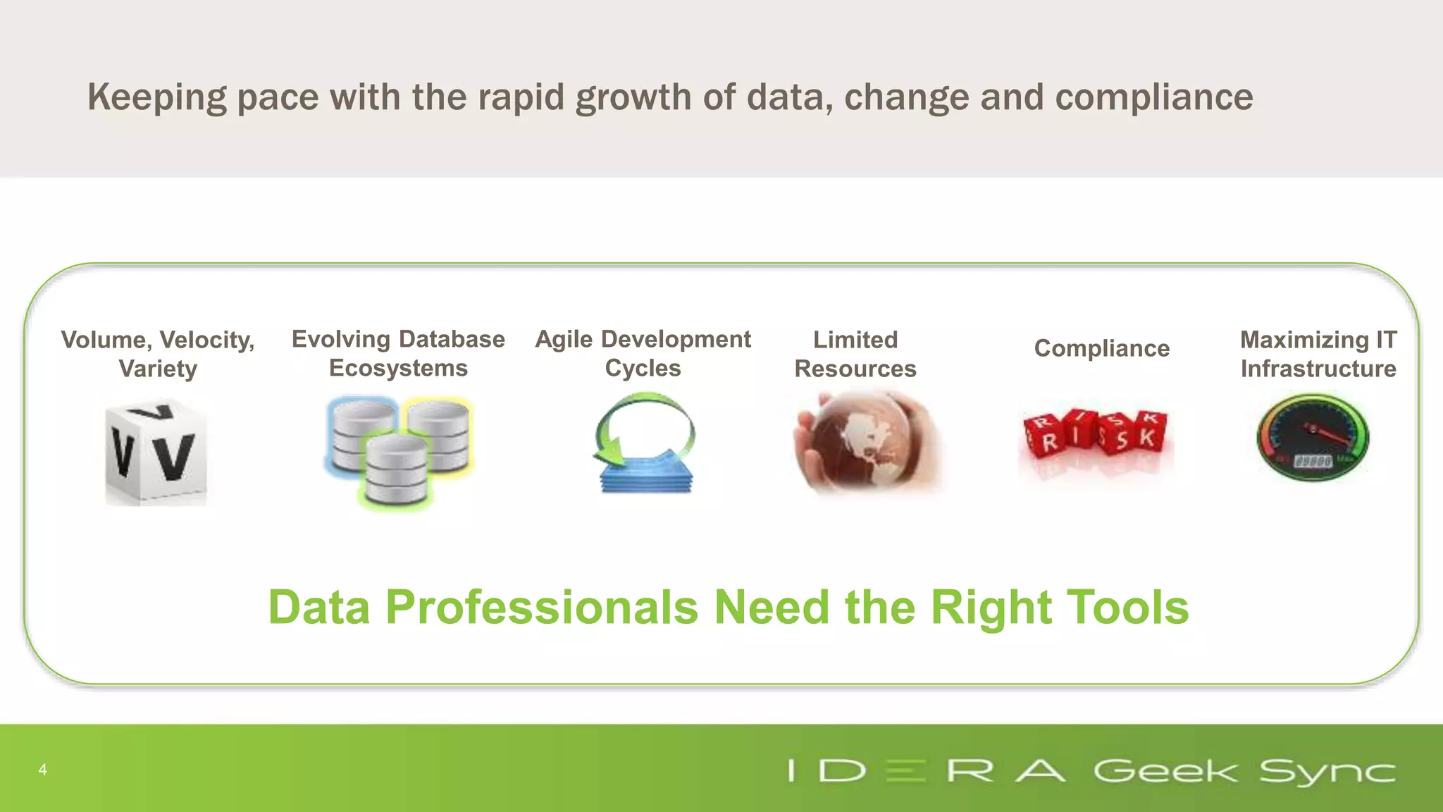 4
Evolving Database
Ecosystems
Volume, Velocity,
Variety
Keeping pace with the rapid growth of data, change and compliance
Agile Development
Cycles
Maximizing IT
Infrastructure
ComplianceLimited
Resources
Data Professionals Need the Right Tools
 