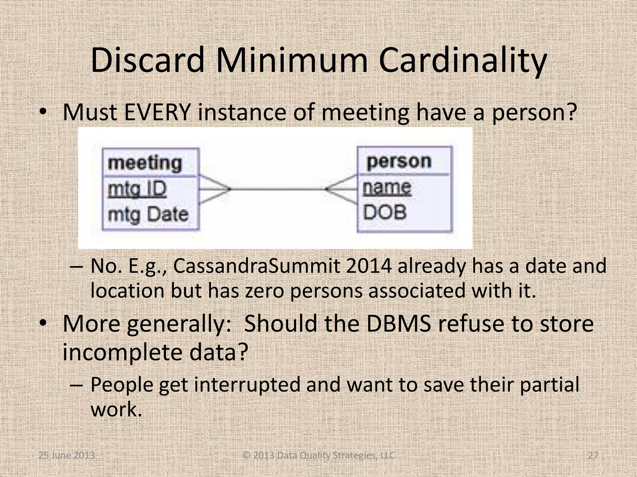 Discard Minimum Cardinality
• Must EVERY instance of meeting have a person?
– No. E.g., CassandraSummit 2014 already has a date and
location but has zero persons associated with it.
• More generally: Should the DBMS refuse to store
incomplete data?
– People get interrupted and want to save their partial
work.
25 June 2013 © 2013 Data Quality Strategies, LLC 27
 