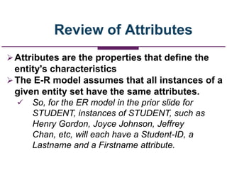 Review of Attributes
Attributes are the properties that define the
entity's characteristics
The E-R model assumes that all instances of a
given entity set have the same attributes.
 So, for the ER model in the prior slide for
STUDENT, instances of STUDENT, such as
Henry Gordon, Joyce Johnson, Jeffrey
Chan, etc, will each have a Student-ID, a
Lastname and a Firstname attribute.
 