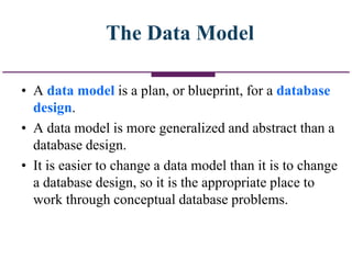 The Data Model
• A data model is a plan, or blueprint, for a database
design.
• A data model is more generalized and abstract than a
database design.
• It is easier to change a data model than it is to change
a database design, so it is the appropriate place to
work through conceptual database problems.
 