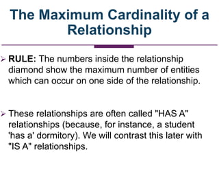 The Maximum Cardinality of a
Relationship
 RULE: The numbers inside the relationship
diamond show the maximum number of entities
which can occur on one side of the relationship.
 These relationships are often called "HAS A"
relationships (because, for instance, a student
'has a' dormitory). We will contrast this later with
"IS A" relationships.
 