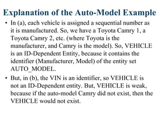 Explanation of the Auto-Model Example
• In (a), each vehicle is assigned a sequential number as
it is manufactured. So, we have a Toyota Camry 1, a
Toyota Camry 2, etc. (where Toyota is the
manufacturer, and Camry is the model). So, VEHICLE
is an ID-Dependent Entity, because it contains the
identifier (Manufacturer, Model) of the entity set
AUTO_MODEL.
• But, in (b), the VIN is an identifier, so VEHICLE is
not an ID-Dependent entity. But, VEHICLE is weak,
because if the auto-model Camry did not exist, then the
VEHICLE would not exist.
 