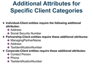 Additional Attributes for
Specific Client Categories
 Individual-Client entities require the following additional
attributes:
 Address
 Social Security Number
 Partnership-Client entities require these additional attribures:
 ManagingPartnerName
 Address
 TaxIdentificationNumber
 Corporate-Client entities require these additional attributes:
 Contact Person
 Phone
 TaxIdentificationNumber
 