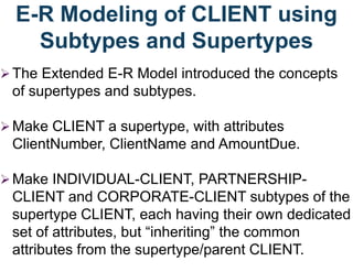 E-R Modeling of CLIENT using
Subtypes and Supertypes
The Extended E-R Model introduced the concepts
of supertypes and subtypes.
Make CLIENT a supertype, with attributes
ClientNumber, ClientName and AmountDue.
Make INDIVIDUAL-CLIENT, PARTNERSHIP-
CLIENT and CORPORATE-CLIENT subtypes of the
supertype CLIENT, each having their own dedicated
set of attributes, but “inheriting” the common
attributes from the supertype/parent CLIENT.
 