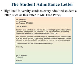The Student Admittance Letter
• Highline University sends to every admitted student a
letter, such as this letter to Mr. Fred Parks:
 