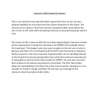 Inventory Table Snapshot (Layout)
This is my inventory snap-shot Data Mart Layout from Visio. As you can see I
allowed capability for more than one Star-schema Data Mart in the future. The
measures are in green in the [Fact Inventory Snapshot] table, which allows the
user to slice in the cube while calculating inventory at any particular given point in
time.
The reason of why I came up with this very basic logical design is because it meets
all the requirements in doing the calculations for (GMROI) Gross Margin Return
On Investment. This design is also very easy to explain to the end user of what is
going on and how it fits in with getting all the (KPI’s) Key Performance Indicators.
All the measures in the [Fact Inventory Snapshot] table can be calculated directly
on the fly with the interconnecting tables that satisfy the minimum requirements
in being able to retrieve all the data needed for GMROI. The end users can have
their analysis of all measures by products or/and date. The [Dim Store] table
allows for expandability in the future for other store locations, otherwise it is not
needed nor would it change anything. The end user can easily get all the
measures sliced by product and/or dates.
 
