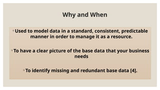 ◦ Used to model data in a standard, consistent, predictable
manner in order to manage it as a resource.
◦ To have a clear picture of the base data that your business
needs
◦ To identify missing and redundant base data [4].
Why and When
 