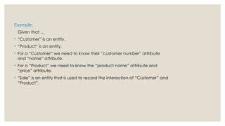 Example:
Given that …
◦ “Customer” is an entity.
◦ “Product” is an entity.
◦ For a “Customer” we need to know their “customer number” attribute
and “name” attribute.
◦ For a “Product” we need to know the “product name” attribute and
“price” attribute.
◦ “Sale” is an entity that is used to record the interaction of “Customer” and
“Product”.
 