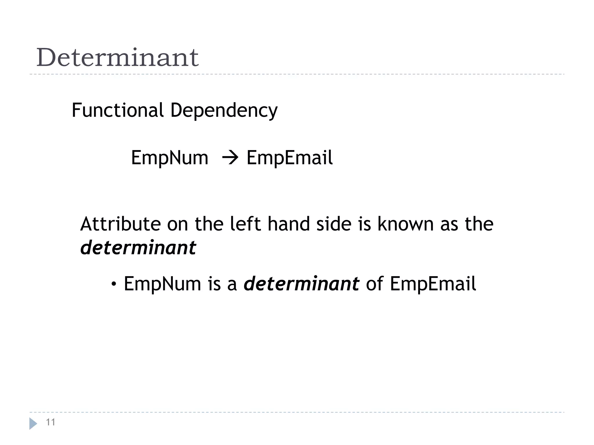 Determinant
11
Functional Dependency
EmpNum  EmpEmail
Attribute on the left hand side is known as the
determinant
• EmpNum is a determinant of EmpEmail
 