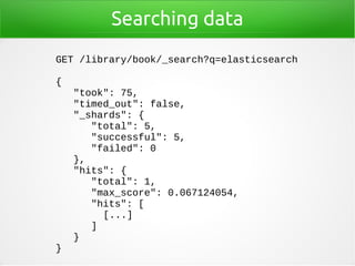 Searching data
GET /library/book/_search?q=elasticsearch
{
"took": 75,
"timed_out": false,
"_shards": {
"total": 5,
"succe...