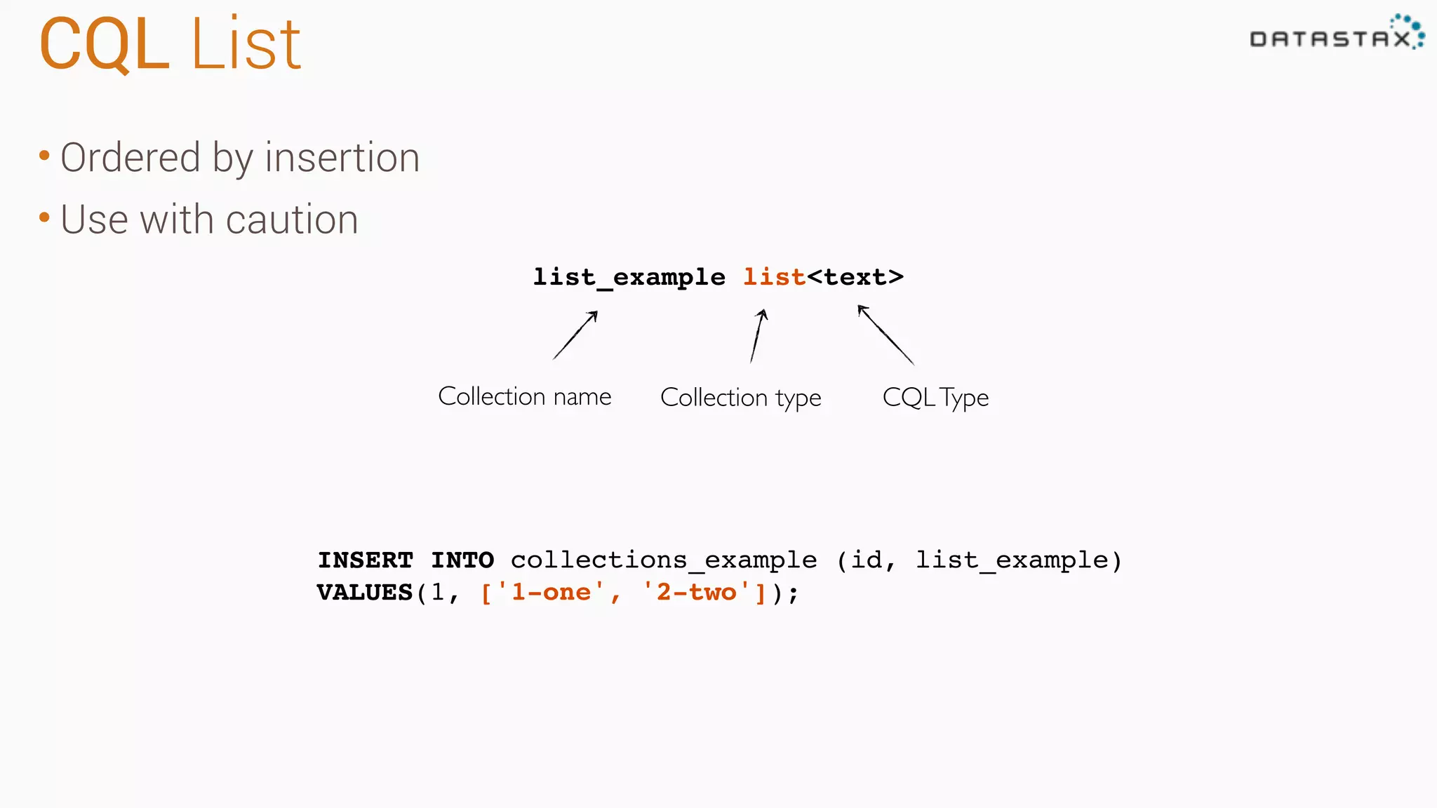 CQL List
• Ordered by insertion
• Use with caution
list_example list<text>
Collection name Collection type
INSERT INTO collections_example (id, list_example)
VALUES(1, ['1-one', '2-two']);
CQLType
 