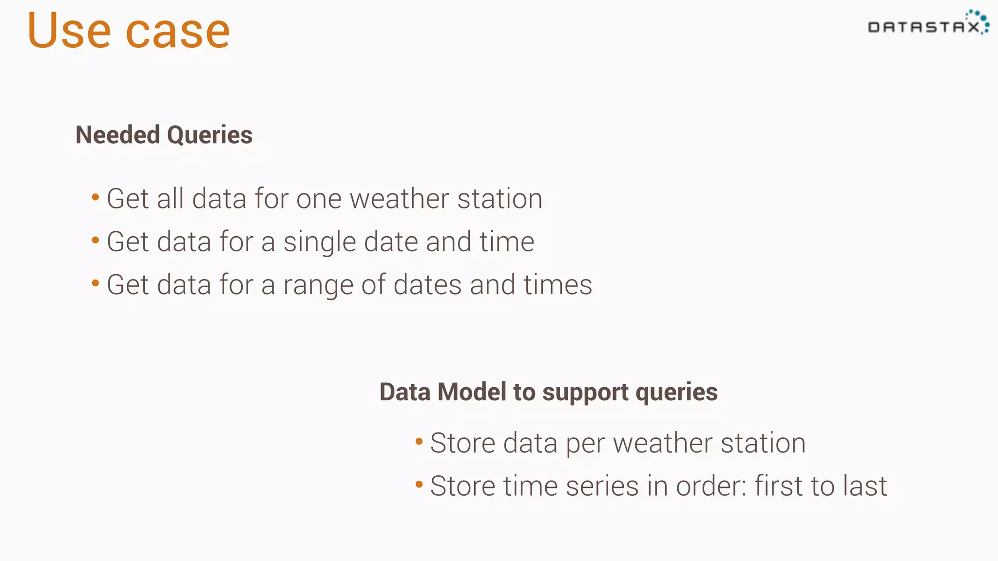 Use case
• Store data per weather station
• Store time series in order: first to last
• Get all data for one weather station
• Get data for a single date and time
• Get data for a range of dates and times
Needed Queries
Data Model to support queries
 