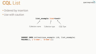 CQL List
• Ordered by insertion
• Use with caution
list_example list<text>
Collection name Collection type
INSERT INTO collections_example (id, list_example)
VALUES(1, ['1-one', '2-two']);
CQLType
 