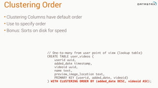 Clustering Order
• Clustering Columns have default order
• Use to specify order
• Bonus: Sorts on disk for speed
// One-to-many from user point of view (lookup table)
CREATE TABLE user_videos (
userid uuid,
added_date timestamp,
videoid uuid,
name text,
preview_image_location text,
PRIMARY KEY (userid, added_date, videoid)
) WITH CLUSTERING ORDER BY (added_date DESC, videoid ASC);
 