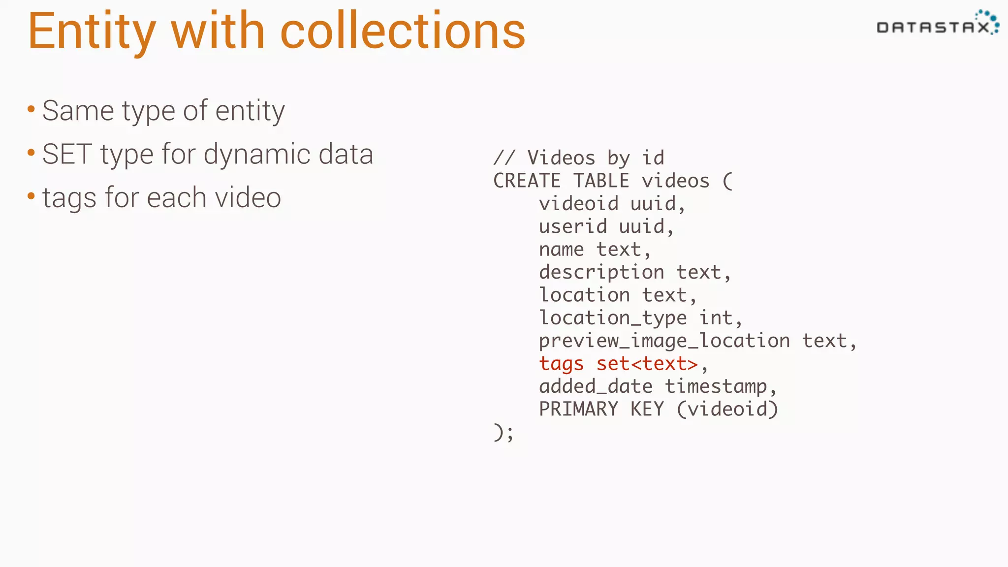 Entity with collections
• Same type of entity
• SET type for dynamic data
• tags for each video
// Videos by id
CREATE TABLE videos (
videoid uuid,
userid uuid,
name text,
description text,
location text,
location_type int,
preview_image_location text,
tags set<text>,
added_date timestamp,
PRIMARY KEY (videoid)
);
 