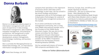 Global Data Strategy, Ltd. 2016
Donna Burbank
Donna is a recognised industry expert in
information management with over 20
years of experience in data strategy,
information management, data modeling,
metadata management, and enterprise
architecture. Her background is multi-
faceted across consulting, product
development, product management,
brand strategy, marketing, and business
leadership.
She is currently the Managing Director at
Global Data Strategy, Ltd., an international
information management consulting
company that specialises in the alignment
of business drivers with data-centric
technology. In past roles, she has served in
key brand strategy and product
management roles at CA Technologies and
Embarcadero Technologies for several of
the leading data management products in
the market.
As an active contributor to the data
management community, she is a long
time DAMA International member and is
the President of the DAMA Rocky
Mountain chapter. She was also on the
review committee for the Object
Management Group’s Information
Management Metamodel (IMM) and a
member of the OMG’s Finalization
Taskforce for the Business Process
Modeling Notation (BPMN).
She has worked with dozens of Fortune
500 companies worldwide in the
Americas, Europe, Asia, and Africa and
speaks regularly at industry
conferences. She has co-authored two
books: Data Modeling for the
Business and Data Modeling Made Simple
with ERwin Data Modeler and is a regular
contributor to industry publications such
as DATAVERSITY, EM360, & TDAN. She can
be reached at
donna.burbank@globaldatastrategy.com
Donna is based in Boulder, Colorado, USA.
2
Follow on Twitter @donnaburbank
 