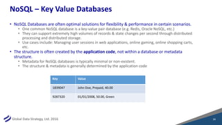Global Data Strategy, Ltd. 2016
NoSQL – Key Value Databases
• NoSQL Databases are often optimal solutions for flexibility & performance in certain scenarios.
• One common NoSQL database is a key-value pair database (e.g. Redis, Oracle NoSQL, etc.)
• They can support extremely high volumes of records & state changes per second through distributed
processing and distributed storage.
• Use cases include: Managing user sessions in web applications, online gaming, online shopping carts,
etc.
• The structure is often created by the application code, not within a database or metadata
structure.
• Metadata for NoSQL databases is typically minimal or non-existent.
• The structure & metadata is generally determined by the application code
34
Key Value
1839047 John Doe, Prepaid, 40.00
9287320 01/01/2008, 50.00, Green
 