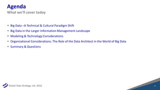 Global Data Strategy, Ltd. 2016
Agenda
• Big Data –A Technical & Cultural Paradigm Shift
• Big Data in the Larger Information Management Landscape
• Modeling & Technology Considerations
• Organizational Considerations: The Role of the Data Architect in the World of Big Data
• Summary & Questions
4
What we’ll cover today
 