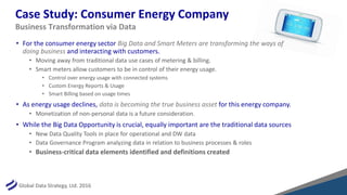 Global Data Strategy, Ltd. 2016
Case Study: Consumer Energy Company
• For the consumer energy sector Big Data and Smart Meters are transforming the ways of
doing business and interacting with customers.
• Moving away from traditional data use cases of metering & billing.
• Smart meters allow customers to be in control of their energy usage.
• Control over energy usage with connected systems
• Custom Energy Reports & Usage
• Smart Billing based on usage times
• As energy usage declines, data is becoming the true business asset for this energy company.
• Monetization of non-personal data is a future consideration.
• While the Big Data Opportunity is crucial, equally important are the traditional data sources
• New Data Quality Tools in place for operational and DW data
• Data Governance Program analyzing data in relation to business processes & roles
• Business-critical data elements identified and definitions created
Business Transformation via Data
 