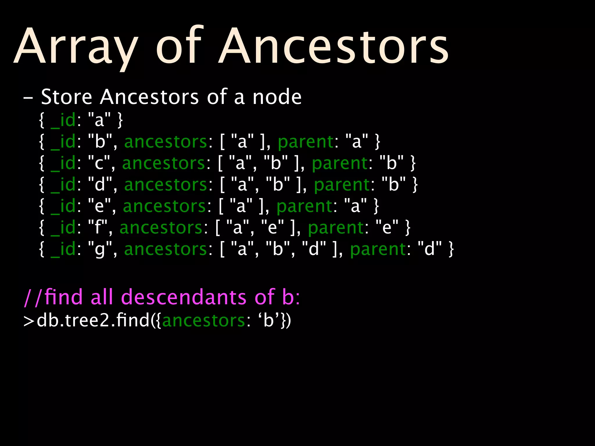 Array of Ancestors
- Store Ancestors of a node
 {   _id:   "a" }
 {   _id:   "b", ancestors: [ "a" ], parent: "a" }
 {   _id:   "c", ancestors: [ "a", "b" ], parent: "b" }
 {   _id:   "d", ancestors: [ "a", "b" ], parent: "b" }
 {   _id:   "e", ancestors: [ "a" ], parent: "a" }
 {   _id:   "f", ancestors: [ "a", "e" ], parent: "e" }
 {   _id:   "g", ancestors: [ "a", "b", "d" ], parent: "d" }

//ﬁnd all descendants of b:
>db.tree2.ﬁnd({ancestors: ‘b’})
 