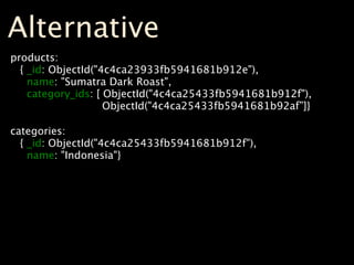 Alternative
products:
  { _id: ObjectId("4c4ca23933fb5941681b912e"),
    name: "Sumatra Dark Roast",
    category_ids: [ ObjectId("4c4ca25433fb5941681b912f"),
                    ObjectId("4c4ca25433fb5941681b92af”]}

categories:
  { _id: ObjectId("4c4ca25433fb5941681b912f"),
    name: "Indonesia"}
 