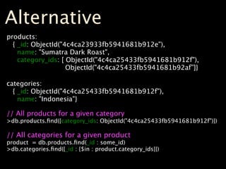 Alternative
products:
  { _id: ObjectId("4c4ca23933fb5941681b912e"),
    name: "Sumatra Dark Roast",
    category_ids: [ ObjectId("4c4ca25433fb5941681b912f"),
                    ObjectId("4c4ca25433fb5941681b92af”]}

categories:
  { _id: ObjectId("4c4ca25433fb5941681b912f"),
    name: "Indonesia"}

// All products for a given category
>db.products.ﬁnd({category_ids: ObjectId("4c4ca25433fb5941681b912f")})

// All categories for a given product
product = db.products.ﬁnd(_id : some_id)
>db.categories.ﬁnd({_id : {$in : product.category_ids}})
 