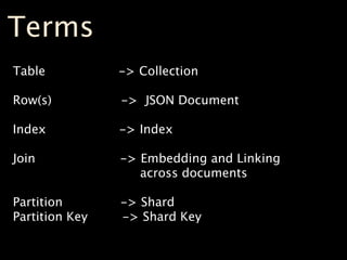 Terms
Table           -> Collection

Row(s)          -> JSON Document

Index           -> Index

Join            -> Embedding and Linking
                   across documents

Partition       -> Shard
Partition Key   -> Shard Key
 