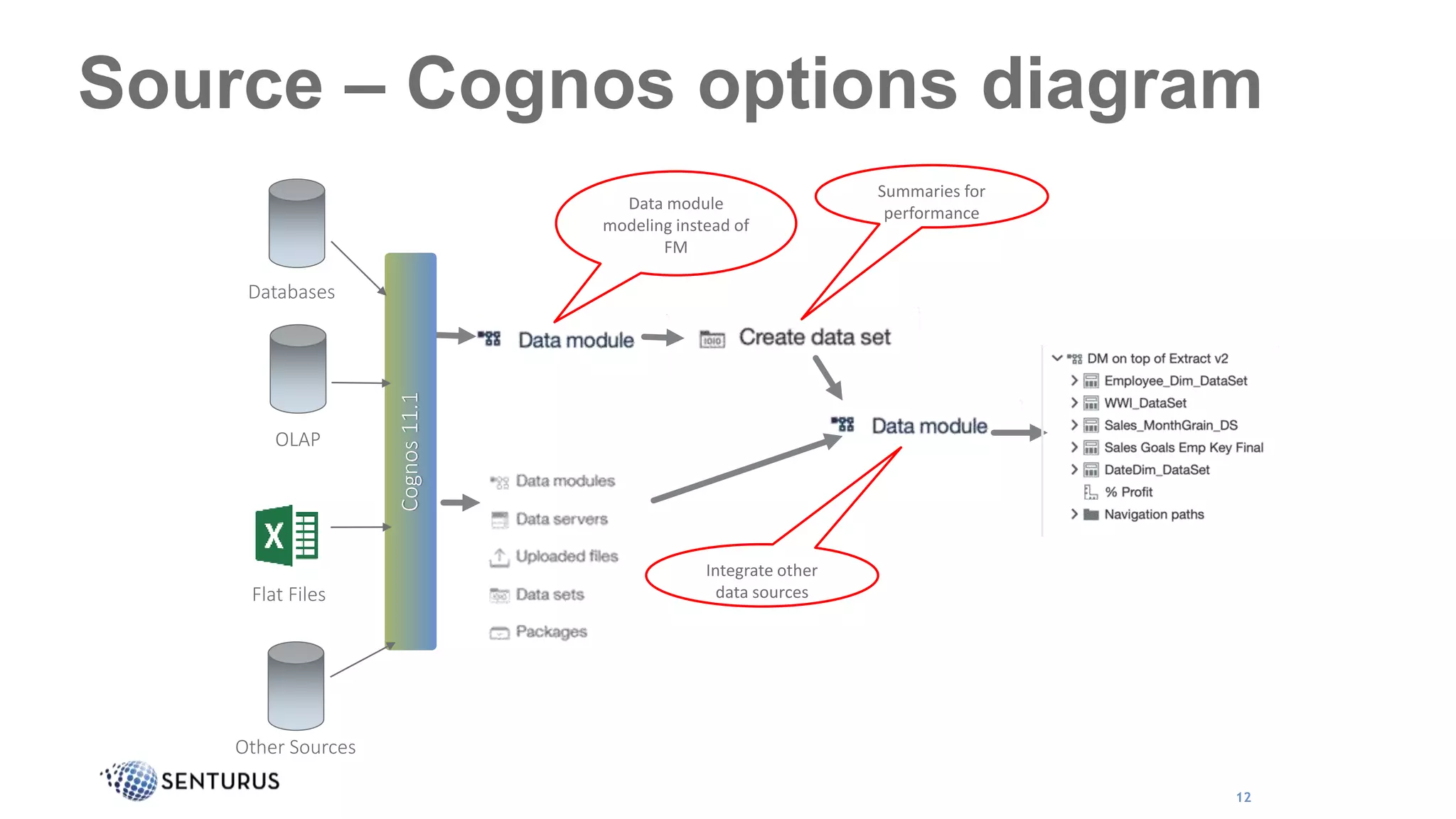 12
Source – Cognos options diagram
Cognos11.1
Data module
modeling instead of
FM
Summaries for
performance
Integrate other
data sources
OLAP
Flat Files
Other Sources
Databases
 