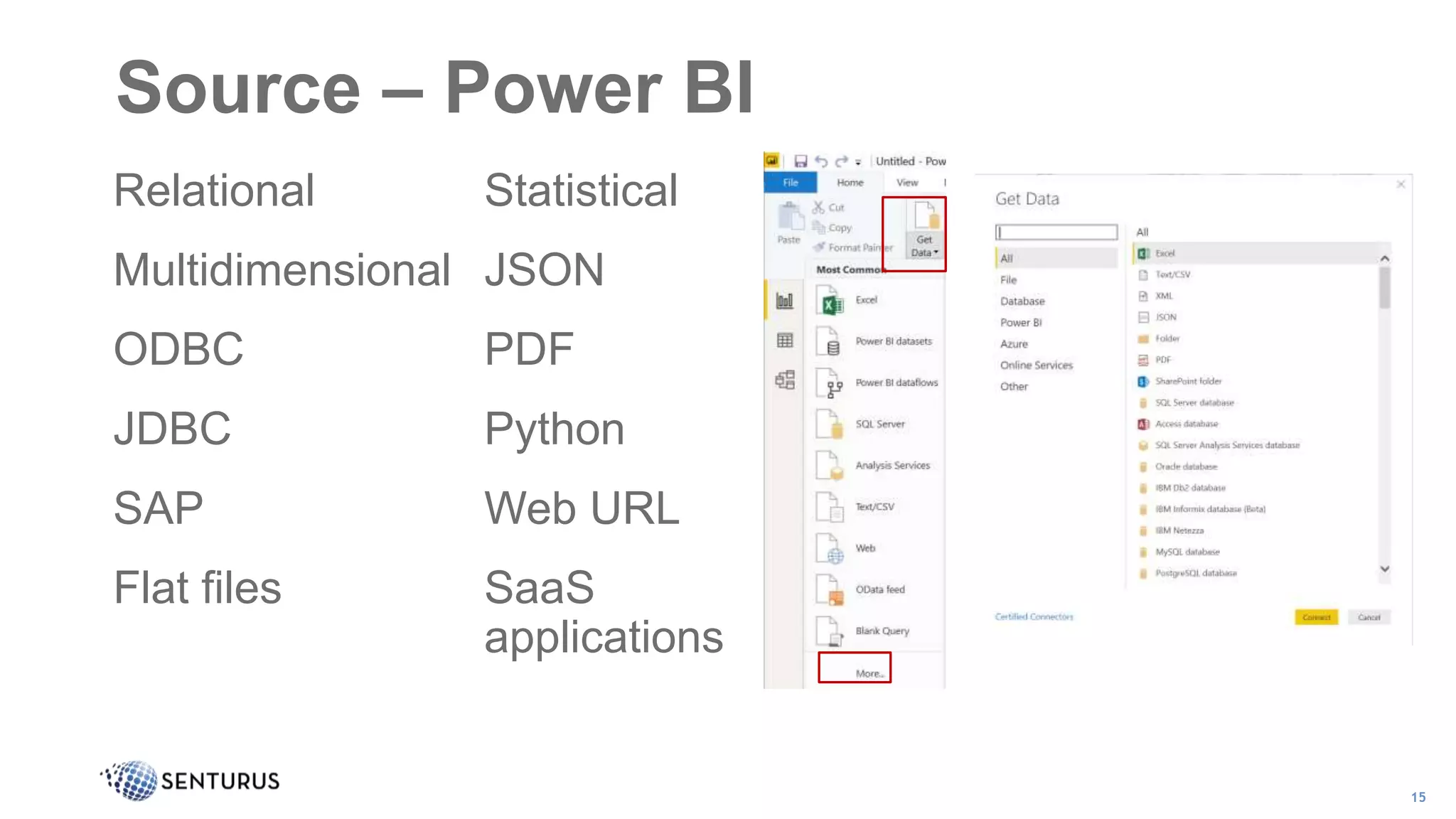 Source – Power BI
15
• Relational
• Multidimensional
• ODBC
• JDBC
• SAP
• Flat files
• Statistical
• JSON
• PDF
• Python
• Web URL
• SaaS
applications
 