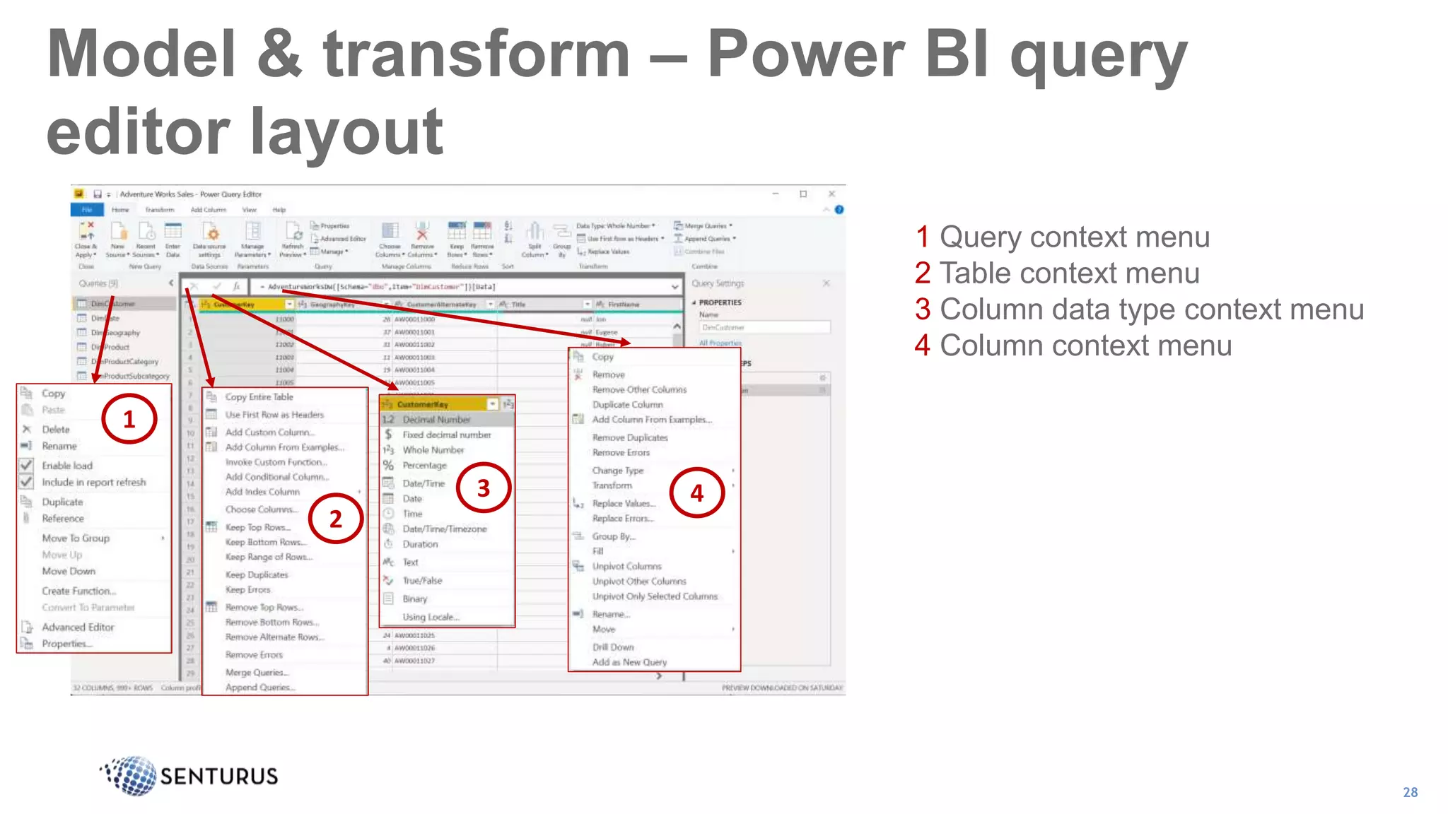 28
1 Query context menu
2 Table context menu
3 Column data type context menu
4 Column context menu
1
3
2
4
Model & transform – Power BI query
editor layout
 