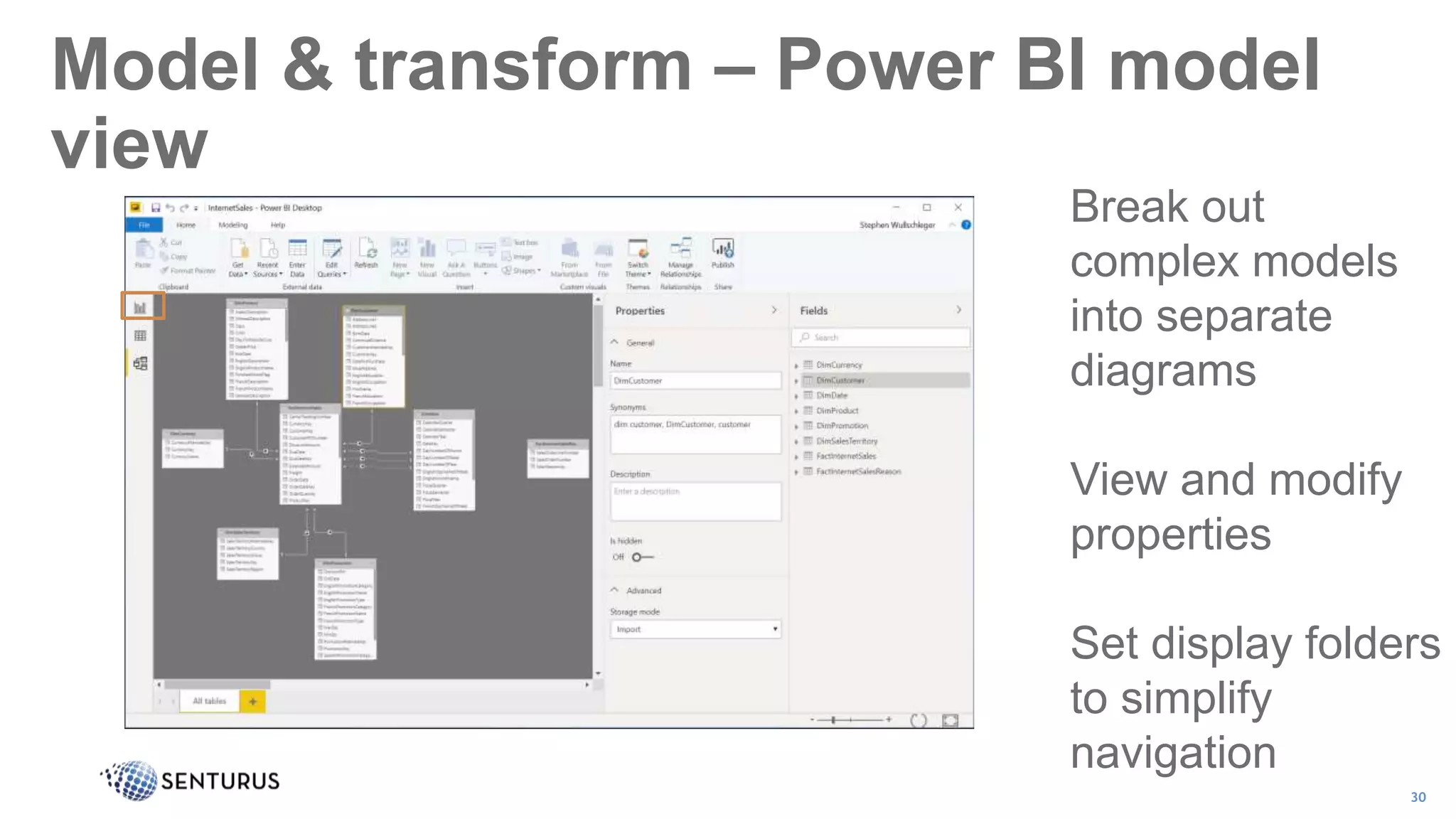 Model & transform – Power BI model
view
30
Break out
complex models
into separate
diagrams
View and modify
properties
Set display folders
to simplify
navigation
 