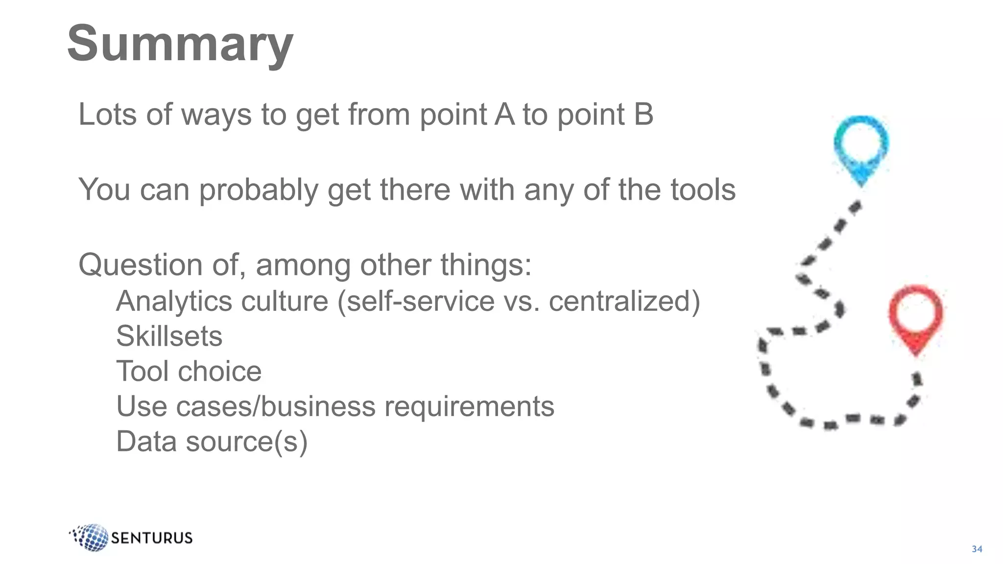 Summary
34
Lots of ways to get from point A to point B
You can probably get there with any of the tools
Question of, among other things:
Analytics culture (self-service vs. centralized)
Skillsets
Tool choice
Use cases/business requirements
Data source(s)
 