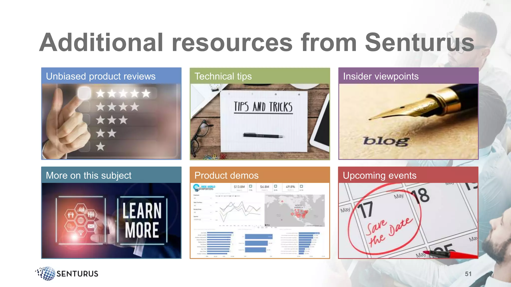 Additional resources from Senturus
51
Insider viewpointsTechnical tipsUnbiased product reviews
Product demos Upcoming eventsMore on this subject
 