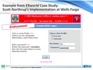 Example from ERworld Case Study:
Scott Northrup’s Implementation at Wells Fargo




  PAGE 35
            © 2010 Wells Fargo Bank, N.A. All rights reserved.
 