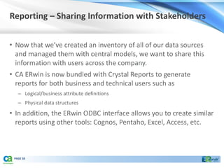 Reporting – Sharing Information with Stakeholders


• Now that we’ve created an inventory of all of our data sources
  and managed them with central models, we want to share this
  information with users across the company.
• CA ERwin is now bundled with Crystal Reports to generate
  reports for both business and technical users such as
   – Logical/business attribute definitions
   – Physical data structures
• In addition, the ERwin ODBC interface allows you to create similar
  reports using other tools: Cognos, Pentaho, Excel, Access, etc.



 PAGE 50
 