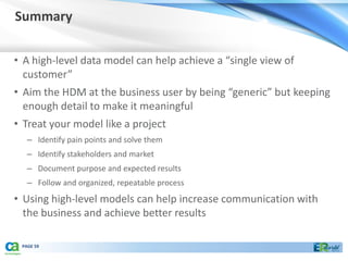 Summary

• A high-level data model can help achieve a “single view of
  customer”
• Aim the HDM at the business user by being “generic” but keeping
  enough detail to make it meaningful
• Treat your model like a project
   – Identify pain points and solve them
   – Identify stakeholders and market
   – Document purpose and expected results
   – Follow and organized, repeatable process
• Using high-level models can help increase communication with
  the business and achieve better results

 PAGE 59
 