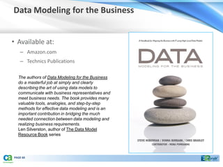 Data Modeling for the Business


• Available at:
   – Amazon.com
   – Technics Publications

  The authors of Data Modeling for the Business
  do a masterful job at simply and clearly
  describing the art of using data models to
  communicate with business representatives and
  meet business needs. The book provides many
  valuable tools, analogies, and step-by-step
  methods for effective data modeling and is an
  important contribution in bridging the much
  needed connection between data modeling and
  realizing business requirements.
  Len Silverston, author of The Data Model
  Resource Book series




PAGE 60
 