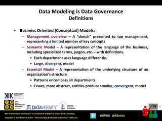 10
10
Copyright © 2015 Robert S. Seiner – KIK Consulting & Educational Services / TDAN.com
Non-Invasive Data Governance™ is a trademark of Robert S. Seiner & KIK Consulting
#RWDG @RSeiner
Essential
Strategies
International
• Business Oriented (Conceptual) Models:
– Management overview – A “sketch” presented to top management,
representing a limited number of key concepts
– Semantic Model – A representation of the language of the business,
including specialized terms, jargon, etc.—with definitions.
• Each department uses language differently.
• Large, divergent, model
– Essential Model – A representation of the underlying structure of an
organization’s structure
• Patterns encompass all departments.
• Fewer, more abstract, entities produce smaller, convergent, model
Data Modeling is Data Governance
Definitions
●
 