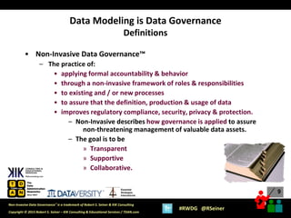 9
9
Copyright © 2015 Robert S. Seiner – KIK Consulting & Educational Services / TDAN.com
Non-Invasive Data Governance™ is a trademark of Robert S. Seiner & KIK Consulting
#RWDG @RSeiner
Essential
Strategies
International
• Non-Invasive Data Governance™
– The practice of:
• applying formal accountability & behavior
• through a non-invasive framework of roles & responsibilities
• to existing and / or new processes
• to assure that the definition, production & usage of data
• improves regulatory compliance, security, privacy & protection.
– Non-Invasive describes how governance is applied to assure
non-threatening management of valuable data assets.
– The goal is to be
» Transparent
» Supportive
» Collaborative.
Data Modeling is Data Governance
Definitions
 