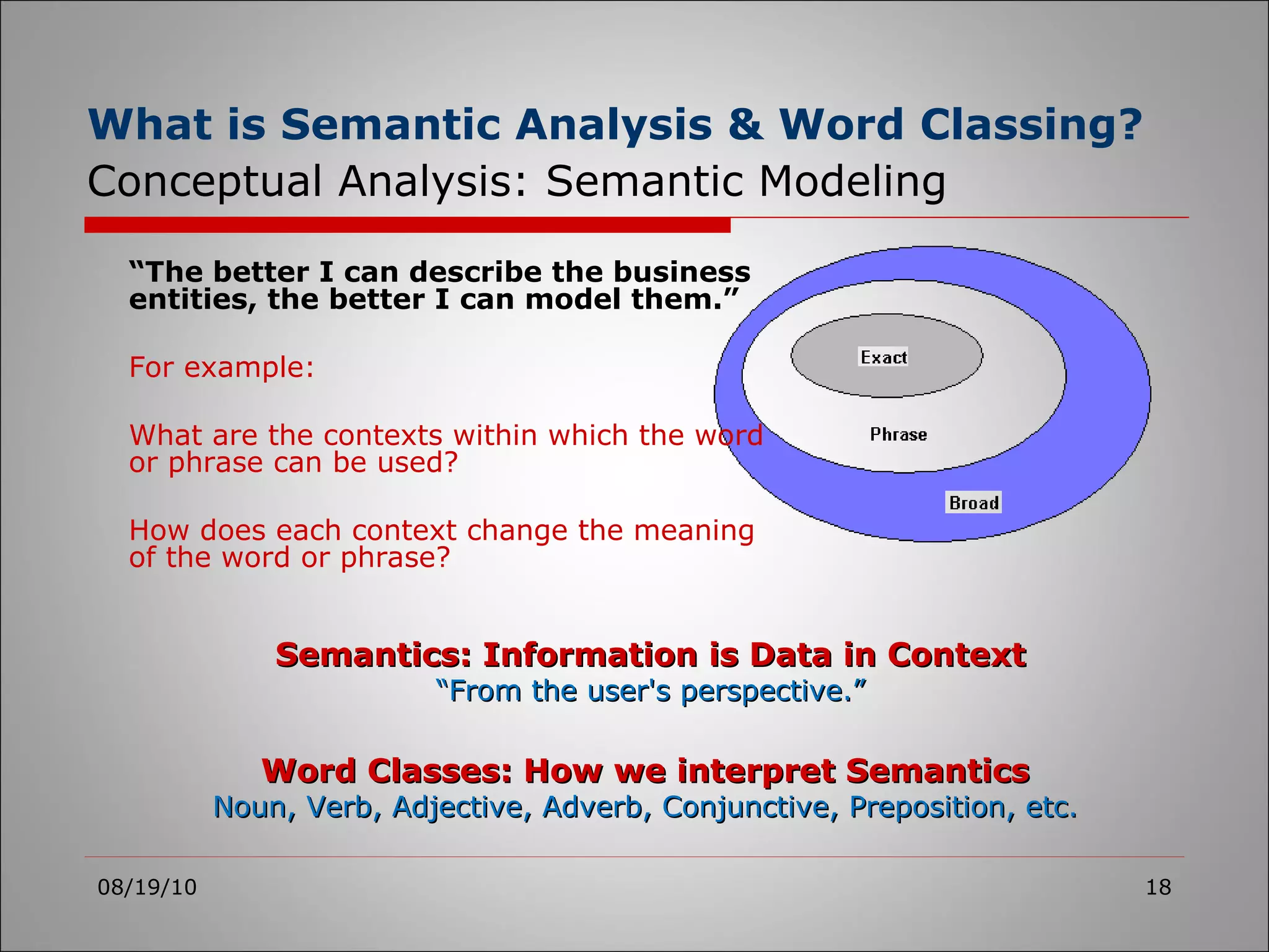 What is Semantic Analysis & Word Classing?   Conceptual Analysis: Semantic Modeling 08/19/10 “ The better I can describe the business entities, the better I can model them.” For example: What are the contexts within which the word or phrase can be used?  How does each context change the meaning of the word or phrase?  Semantics: Information is Data in Context “ From the user's perspective.” Word Classes: How we interpret Semantics Noun, Verb, Adjective, Adverb, Conjunctive, Preposition, etc. 