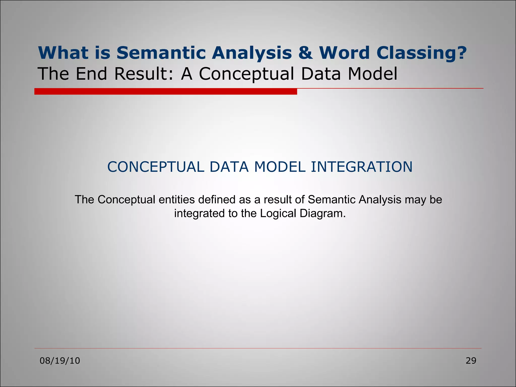 What is Semantic Analysis & Word Classing?   The End Result: A Conceptual Data Model 08/19/10 CONCEPTUAL DATA MODEL INTEGRATION The Conceptual entities defined as a result of Semantic Analysis may be  integrated to the Logical Diagram. 